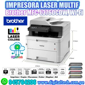 Impresora Brother Laser Color MFC-L3760CDW Multifuncional Ethernet Wifi, Duplex